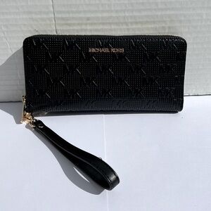 Michael Kors Continental Wallet Wristlet Black Embossed Leather EUC